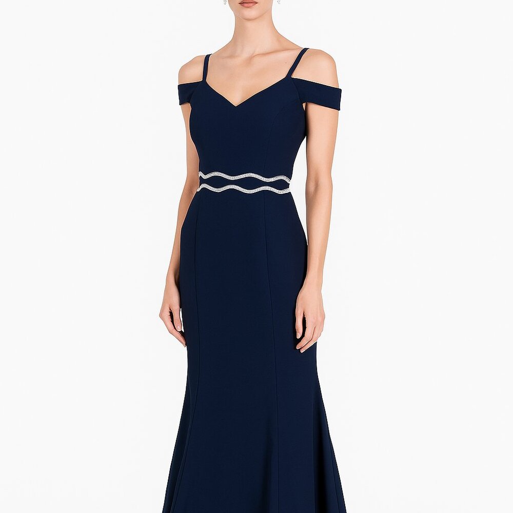 Navy blue crepe trumpet gorgeous long gown decorated Illusion mesh waist Sz 10